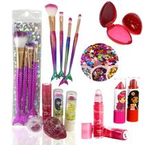 Kit de Maquiagem Infantil Completo Pincel Sereia Batom Rosinha Gloss Glitter Menina Criança Presente - FE E Boutique