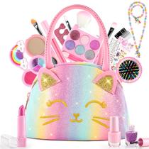 Kit de Maquiagem Infantil Smallzi Kids - Lavável com Bolsa de Gato - Para Meninas de 3 a 12 Anos