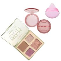 Kit de maquiagem Paleta Contorno Blush Iluminador + Pó + Esponja para Pele Clara