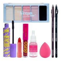 Kit De Maquiagem Paleta De Sombra Esponja Batom Gloss Labial