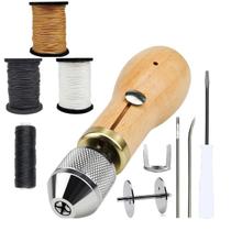 Kit De Máquina De Costura Em Couro Preto, Branco E Marrom Com Duas Agulhas Manuais E Três Linhas