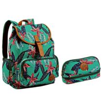 Kit de Material Escolar com Mochila Feminina 15 e Estojo Floral Verde Seanite