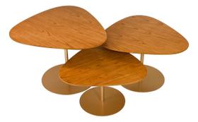 Kit De Mesas Centro Orgânica Grande De Madeira Maciça e pés de aço dourado Para Sala