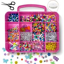 Kit de Miçangas Infantil Coloridas De Fazer Pulseiras Montar Colar Com Letras Fio de Silicone Aprox. 1500pçs