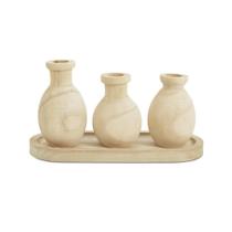 Kit de Minivasos e Bandeja em Madeira Natural Boho 4 Peças