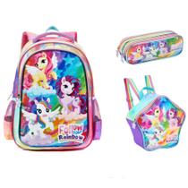 kit de mochila costa infantil feminina unicornio colorido