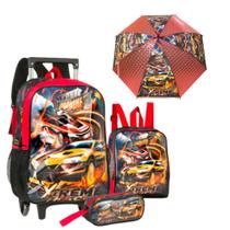 Kit de Mochila Infantil com Rodinhas Fast Machine, Tema Carros, Inclui Estojo, Lancheira e Guarda-Chuva