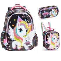 kit de mochila lancheira estojo unicornio preto