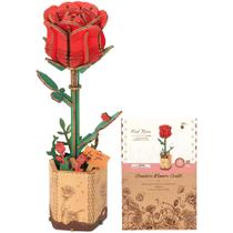 Kit de modelo DIY de quebra-cabeça 3D, flor de madeira, rosa vermelha, ROBOTIME Kit de modelo DIY de quebra-cabeça 3D, flor de madeira, rosa vermelha, ROBOTIME