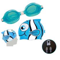 Kit De Natação Infantil Óculos + Touca Peixinho+ Protetores azul claro