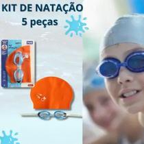 Kit De Natação Óculos Touca Protetor De Ouvido E Nariz - Laranja