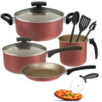 Kit de Panelas Cereja 4Pçs Tampa de Vidro + Cortado de Pizza