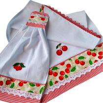 Kit de Pano de Prato e Pano Bate Mão Decornato Cerejas Tecido 100% Algodão