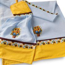 Kit de Pano de Prato e Pano Bate Mão Decornato Vaso de Girassol Amarelo Tecido 100% Algodão