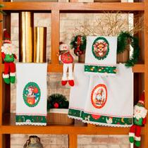 Kit de Panos de Copa Bordado Felpudo Natalino 03 Peças - Decoração Natal Guardanapo de Prato 100% Algodão Alvejado