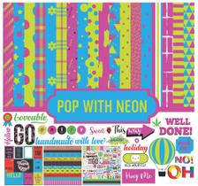 Kit de Papel Scrapbook Dupla Face Coleção Pop Neon 30x30cm com Folha de Adesivos 16 Páginas Rosa, Azul e Verde - Inkdotpot