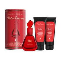 Kit de perfume pedras preciosas rubi - 01 perfume 50ml+hidratante 100ml+sabonete líquido 100ml+ lata decorativa