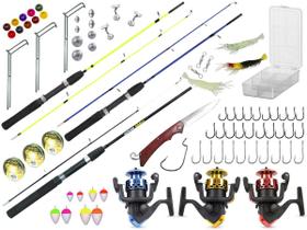 Kit de Pesca c/ 3 Varas Para Molinete 1,20m + 3 Molinetes + Estojo C/ Acessórios (Ref. 98)