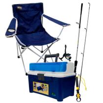 Kit de Pesca com Vara 1.5m + Molinete + Maleta Organizadora Azul + Alicate com Balança + Cadeira Azul com Suporte Lata