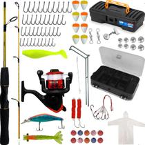 Kit De Pesca Completo Vara 1,20m + Molinete, Capa de Chuva e Acessórios