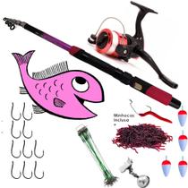 Kit De Pesca Completo Vara Telescópica 1.70 + Molinete Com Linha E acessórios / Cor Rosa