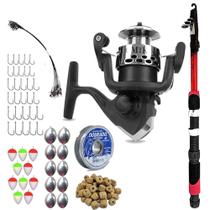Kit de Pesca Piau Molinete Micro Vara Telescópica + 62 Itens