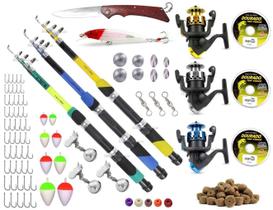 Kit De Pescaria 3 Varas Telescópicas 3 Molinetes + Acessórios (Ref. 12)