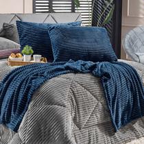 Kit de Peseira Canelada Denver com Fronhas 03 Peças em Tecido Canelado Mantinha Xale Quente Caminho de Cama Decoração Inverno