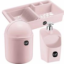 Kit de pia lixeira 4 litros escorredor e dispenser 3 pçs uz rosa