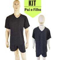 Kit De Pijama Pai e Filho Tecido Leve Estampado Liganete Camisa Meia Manga e Short