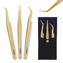 Kit de Pinças para Extensão de Cílios POCMKO 3 Peças em Aço Inoxidável Dourado