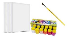 Kit De Pintura Infantil 3 Telas 1 Pincel E 12 Tintas Acrilex