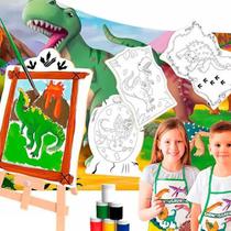 Kit de Pintura Infantil Cavalete Avental Godê Pincel e Tinta Dinossauro - Brincadeira de Criança