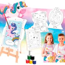 Kit de Pintura Infantil Cavalete Avental Godê Pincel e Tinta Unicórnio - Brincadeira de Criança