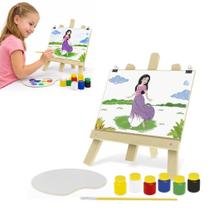 Kit De Pintura Princesas Infantil Cavalete Branca De Neve Completo Tela Mesa Tinta Guache Pincel Paleta Desenhos Educati