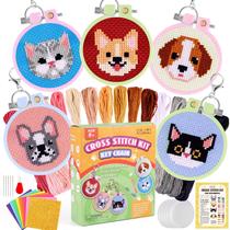 Kit de ponto cruz Caydo para crianças com padrões de cães e gatos Kit de ponto cruz Caydo para crianças com padrões de cães e gatos