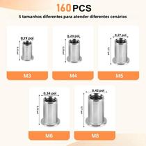 Kit De Porcas De Rebite De Cabeça Plana Em Aço Inoxidável 304 M3 M4 M5 M6 M8 160 Peças Com Rosca