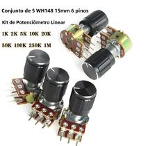 Kit De Potenciômetro Linear De 15mm 6 Pinos 1K-1M 5 Conjuntos Com Botão De Liga De Alumínio Para