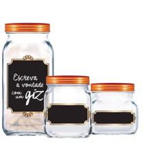 Kit de Potes de Vidro Style Lousa Decorado Tampa Metalizada Bronze 3 pcs Ruvolo