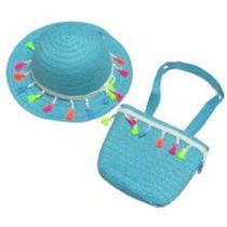 Kit de praia infantil chapéu e bolsinha com franjas ( cor azul )