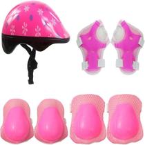Kit de protecao capacete joelheira e cotoveleira infantil para esporte patinete skate rosa