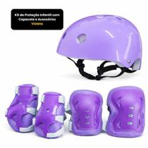 Kit De Proteção Infantil Capacete Joelheira Cotoveleira Punho Violeta Para Patins Bike Skate Menina Ar Livre Esportivo