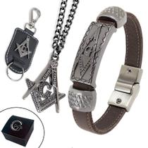 Kit de Pulseira de Couro Magnética Chaveiro Colar Marrom Maçonaria Liberdade Fraternidade Igualdade Kit de Pulseira de Couro Magnética Chaveiro Colar Marrom Maçonaria Liberdade Fraternidade Igualdade