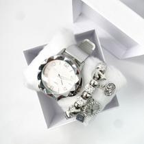 Kit de pulseira e relógio prata em metal redondo hexagonal acessórios feminino