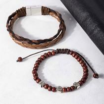 Kit de Pulseiras Masculinas Madeira e Couro