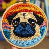 Kit de Punch Needle DIY Cachorrinho Pug Fofo com Bastidor 20 x 20 cm