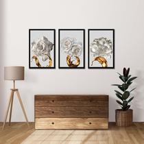 Kit de Quadros Decorativos com Moldura Flor Branca e Dourada Kit de Quadros Decorativos com Moldura Flor Branca e Dourada