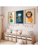 Kit de Quadros Decorativos Infantil Animais Coloridos Leão Coruja Selva 3 Peças