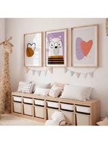 Kit De Quadros Quarto Infantil Decoração Ursinho Coração Bebê Cores Suaves 3 Peças