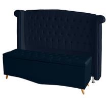 Kit De Quarto Cabeceira De Cama Box e Calçadeira Baú Toquio Casal Queen 160 cm Suede Azul Marinho Ec Móveis